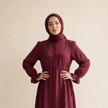 Hac Umre Müslin Kumaş  Uzun  Elbise | Bordo