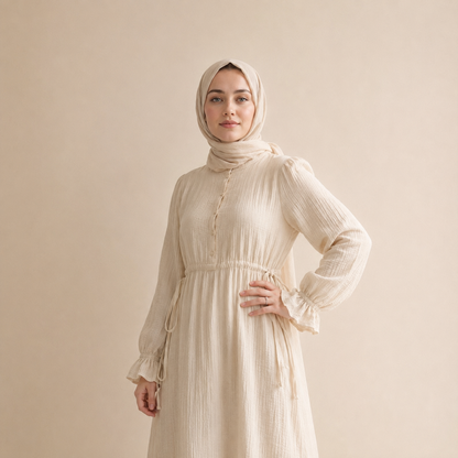 Hac Umre Müslin Kumaş  Uzun  Elbise | Ekru | OUTLET |