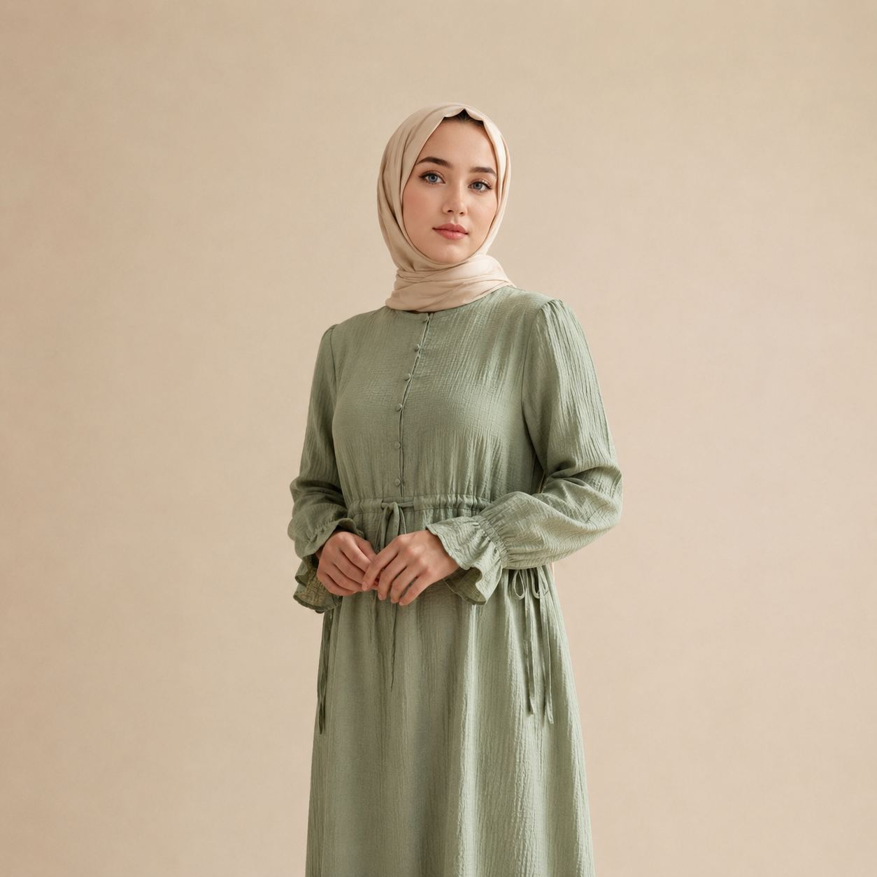 Hac Umre Müslin Kumaş  Uzun  Elbise | Zeytin Yeşili |OUTLET |