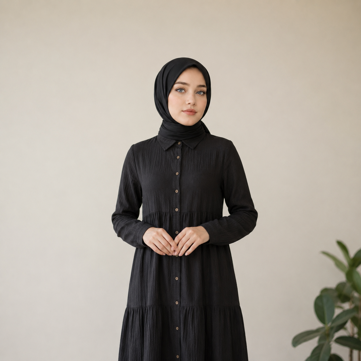 Hac Umre Müslin Kumaş  Uzun  Elbise | Siyah | OUTLET |