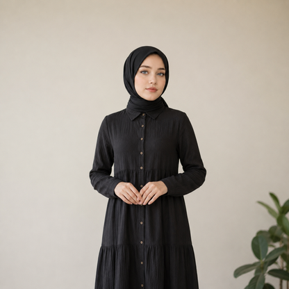 Hac Umre Müslin Kumaş  Uzun  Elbise | Siyah | OUTLET |