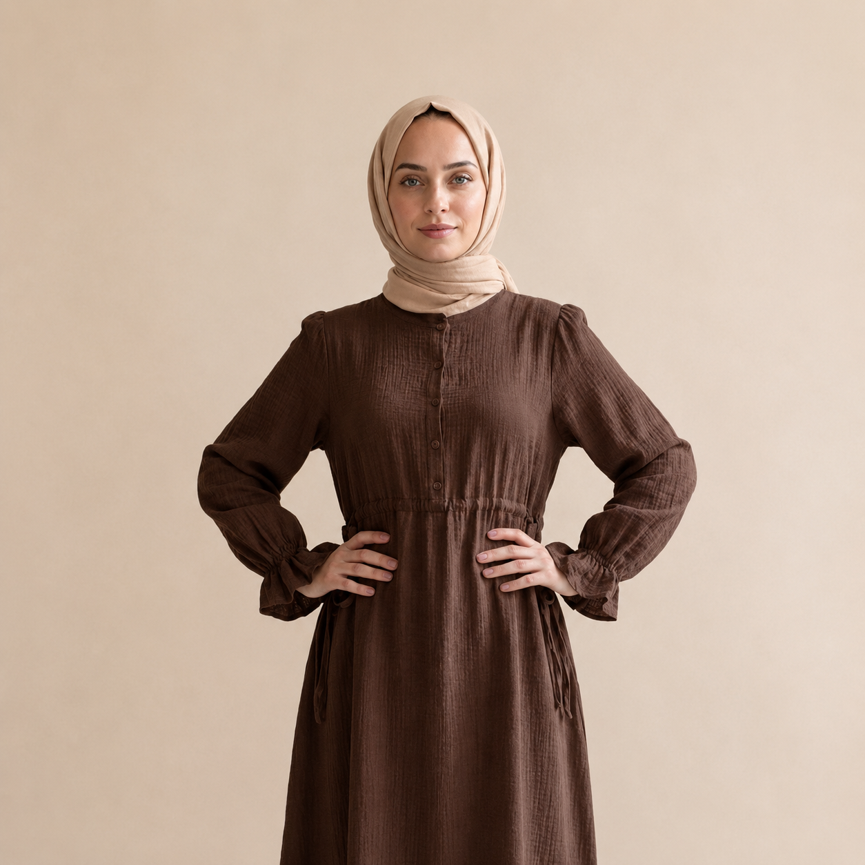 Hac Umre Müslin Kumaş  Uzun  Elbise | Kahverengi | OUTLET |
