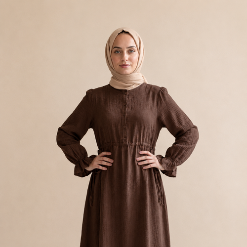 Hac Umre Müslin Kumaş  Uzun  Elbise | Kahverengi | OUTLET |