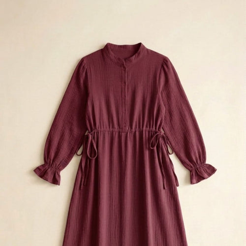Hac Umre Müslin Kumaş  Uzun  Elbise | Bordo | OUTLET |
