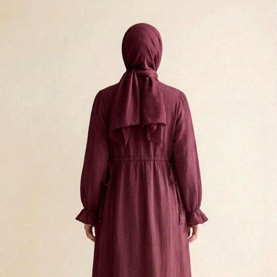 Hac Umre Müslin Kumaş  Uzun  Elbise | Bordo | OUTLET |